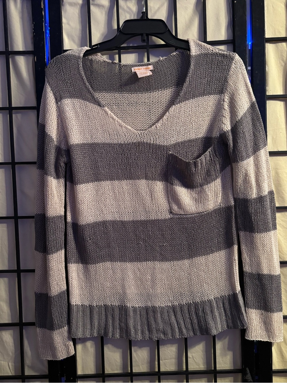 Sweet Romeo Striped V-Neck Sweater in Light Gray and Dark Gray